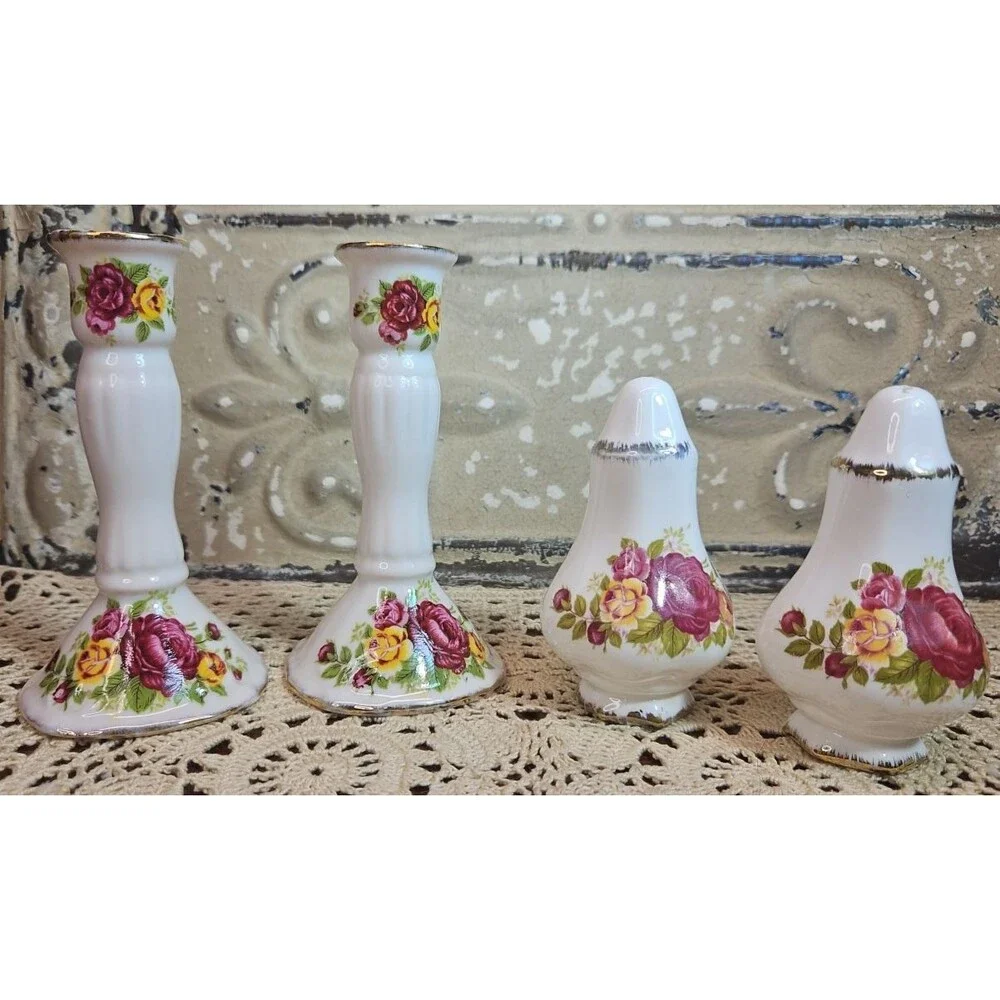 Set of Bone China "Cottage Rose" Candlestick Holders & Salt Pepper Shakers